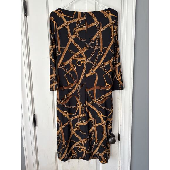 L AUREN RALPH LAUREN Black Gold Chain Link Jersey Dress Boat Neck Pullover Sz 12 - Picture 3 of 3